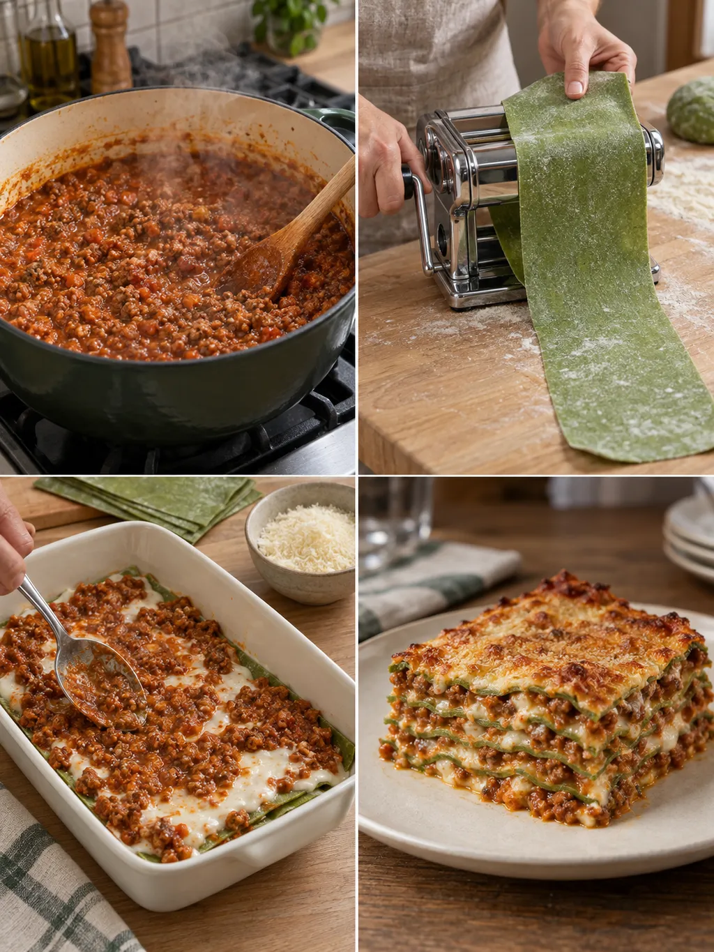 Preparazione del ragù, stesura della sfoglia verde e assemblaggio delle lasagne