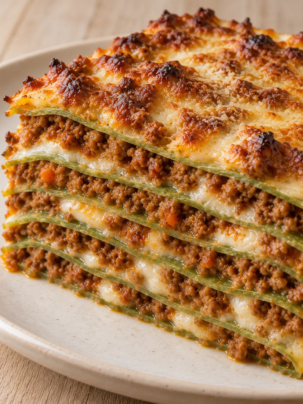 Fetta di lasagne verdi con strati di ragù, besciamella e Parmigiano gratinato