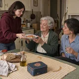 Nina porge pane e pomodoro a Elvira nella vecchia cucina, mentre Irene osserva il gesto accanto al tavolo.