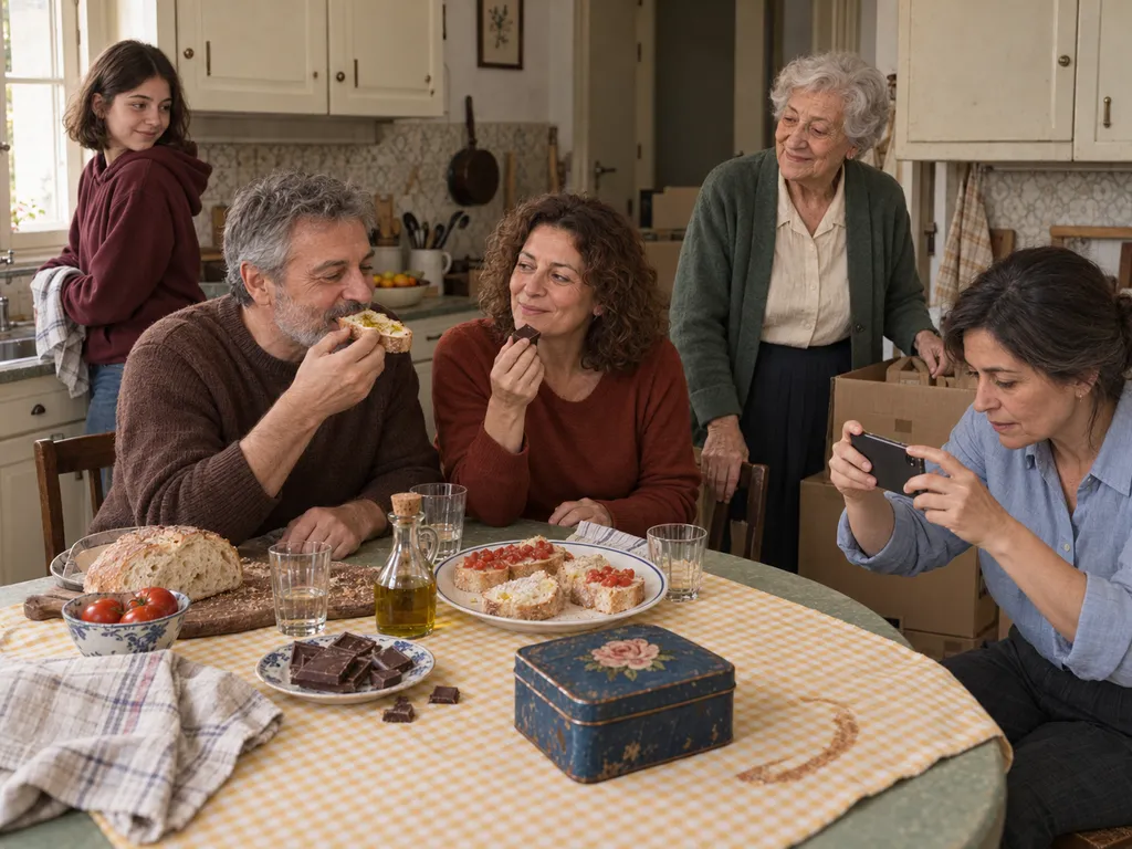 Irene abbassa il telefono mentre gli amici cominciano la merenda e Elvira si alza accanto agli scatoloni.