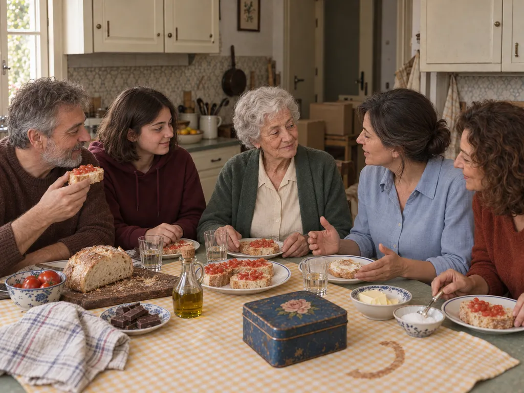 Durante la seconda merenda Irene parla a Elvira, mentre Nina, Marta e Bruno restano seduti intorno al tavolo.