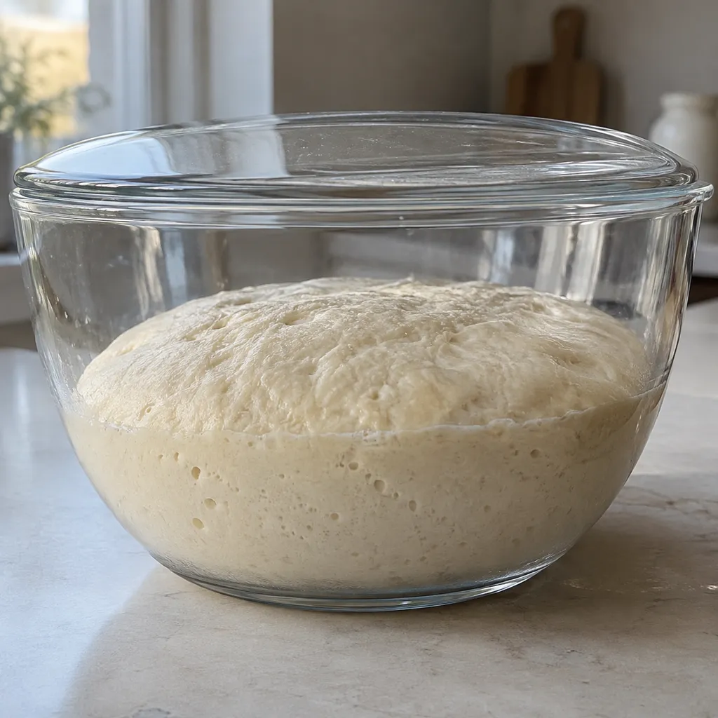 Ciotola trasparente coperta con impasto di pizza in crescita e spazio libero sopra la massa.