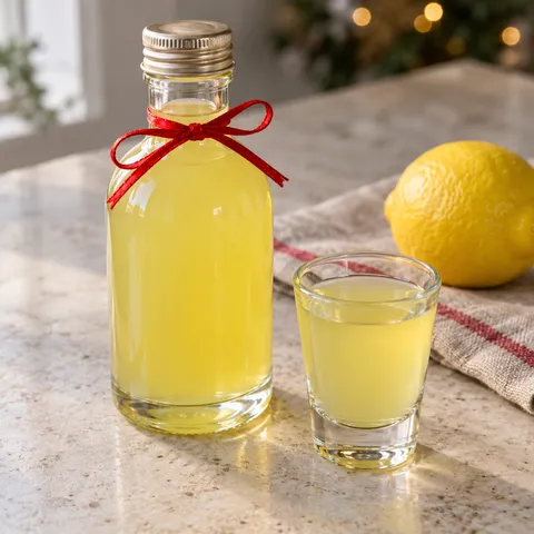Bottiglietta di limoncello giallo con nastro rosso e un bicchierino sul piano chiaro