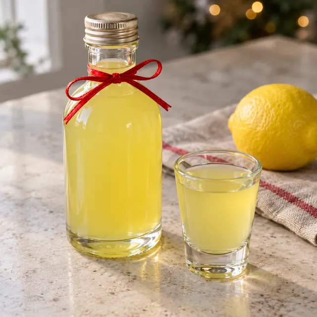 Bottiglietta di limoncello giallo con nastro rosso e un bicchierino sul piano chiaro