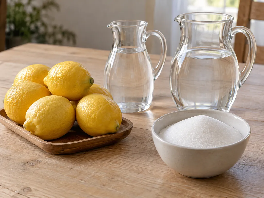 Sei limoni, alcol alimentare, acqua e zucchero separati sul piano di legno