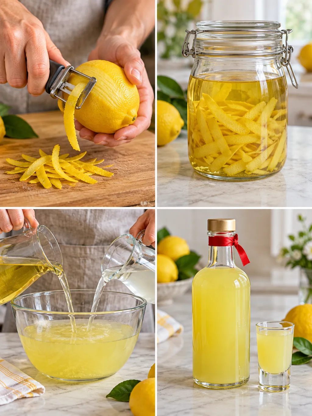 Preparazione del limoncello dalle scorze alla bottiglietta pronta con il bicchierino