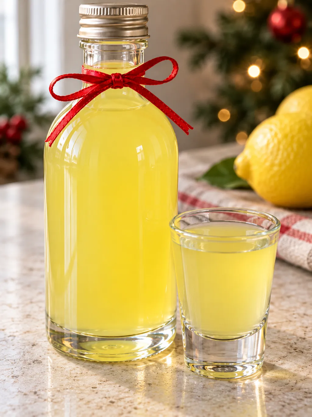 Limoncello giallo opalescente in bottiglietta con nastro rosso e bicchierino