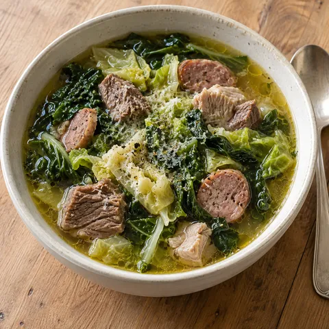 Minestra maritata napoletana con verdure, carni miste e parmigiano