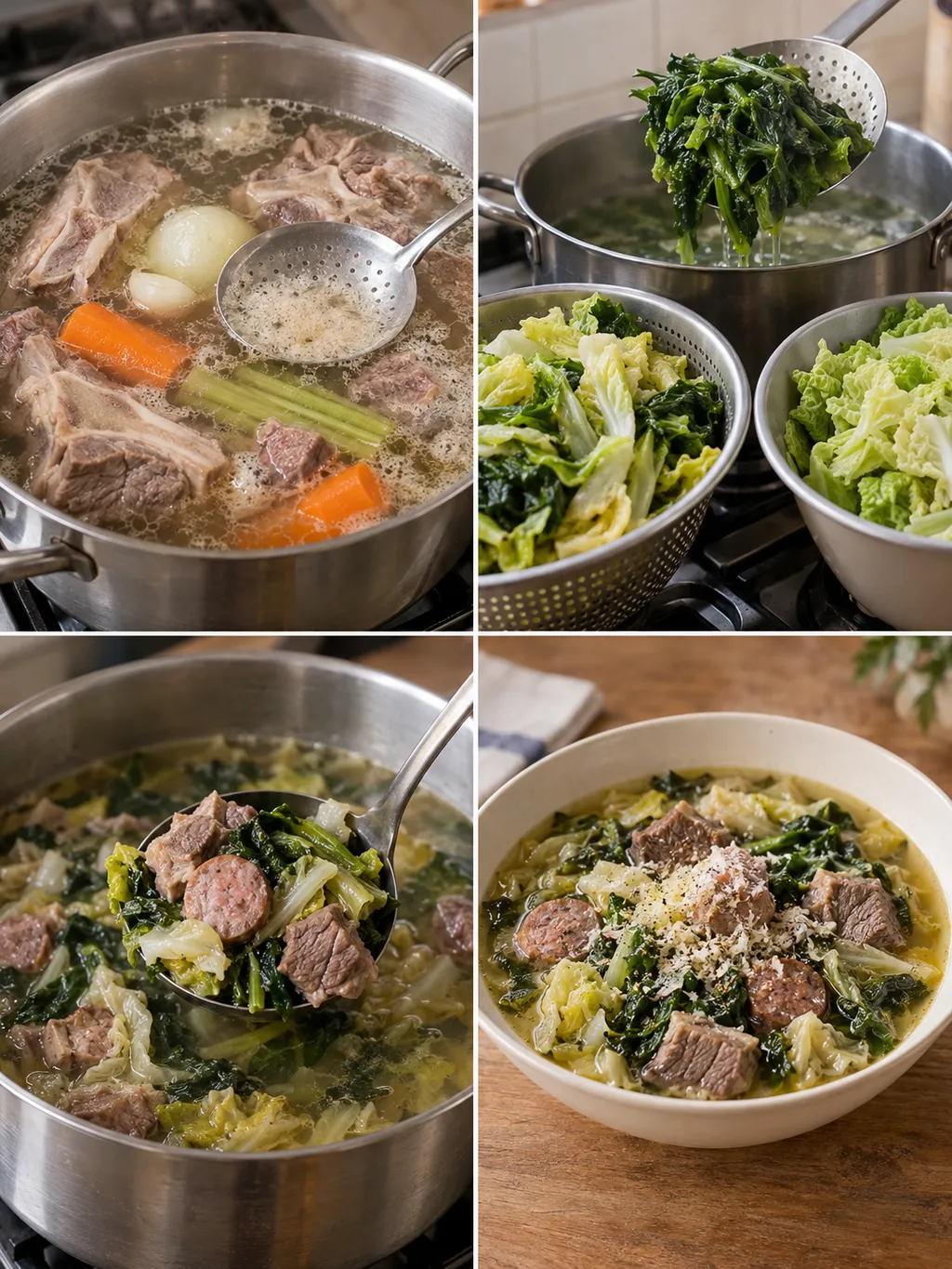 Preparazione del brodo, verdure sbollentate e minestra maritata pronta
