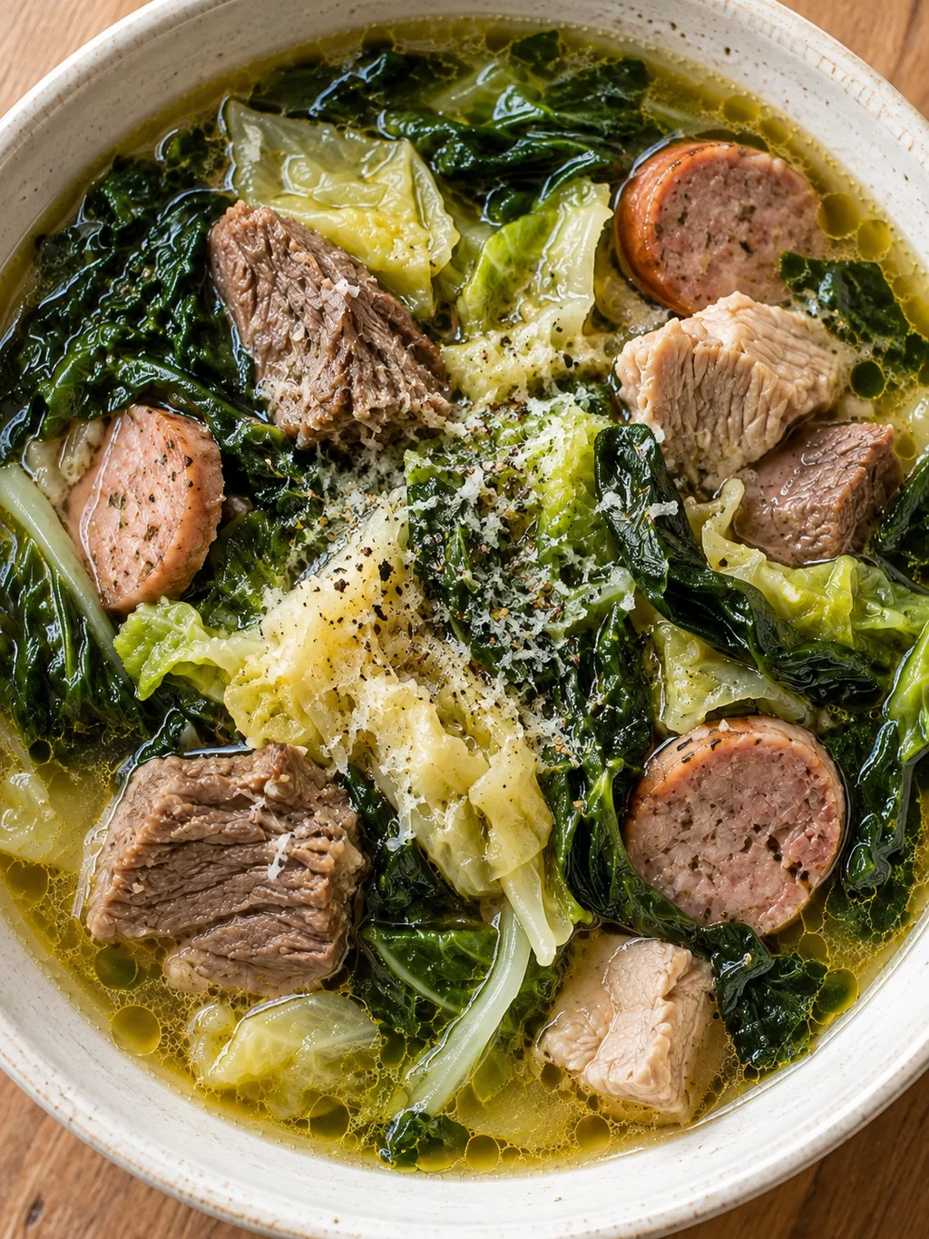 Minestra maritata con brodo dorato, verdure a foglia e salsiccia