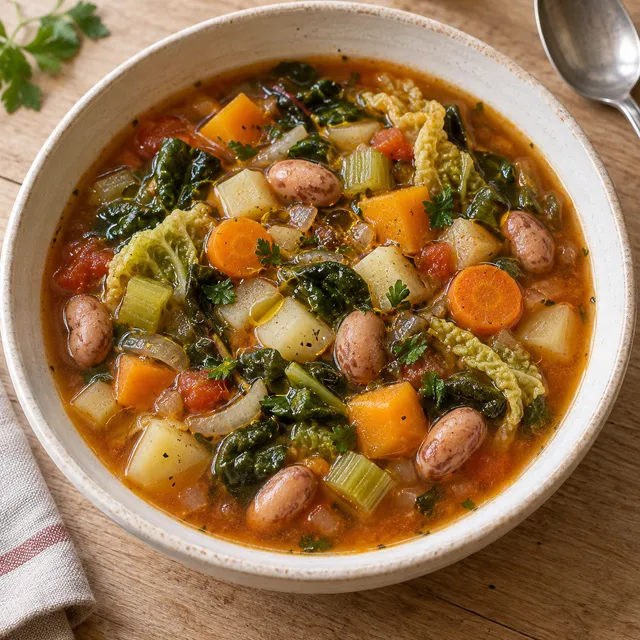 Minestrone della nonna con borlotti, patate, zucca e verdure in una fondina