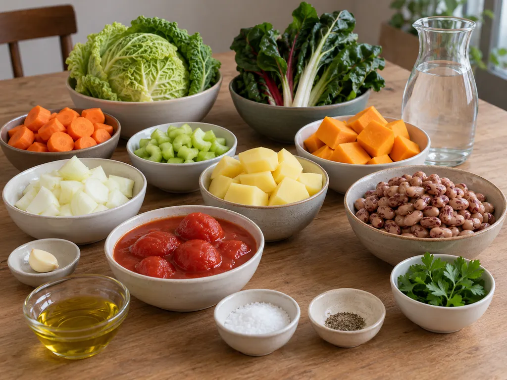 Verdure, borlotti cotti, pelati, olio e prezzemolo per il minestrone della nonna
