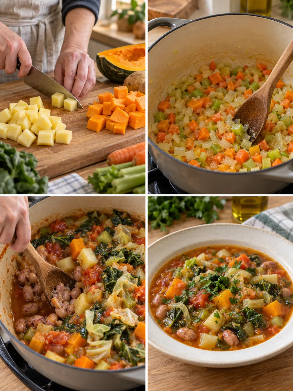 Preparazione del minestrone con taglio delle verdure, cottura e fondina pronta