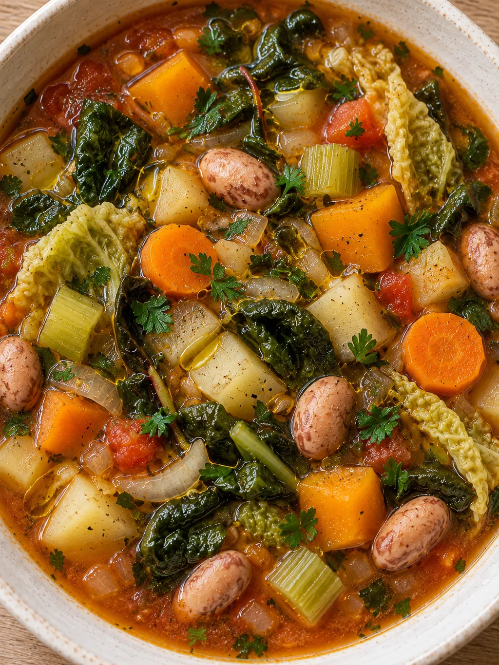 Minestrone denso con borlotti, zucca, patate e prezzemolo visto dall'alto