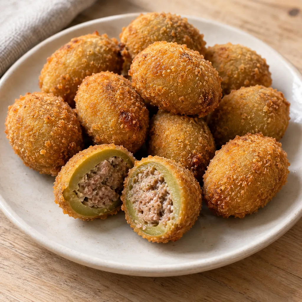 Olive all'ascolana dorate con una metà aperta che mostra il ripieno di carne
