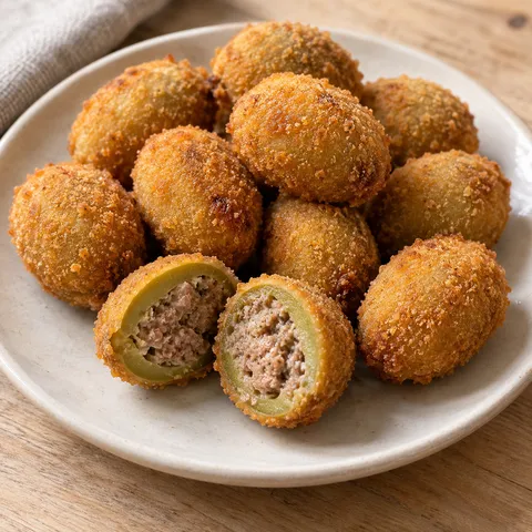 Olive all'ascolana dorate con una metà aperta che mostra il ripieno di carne