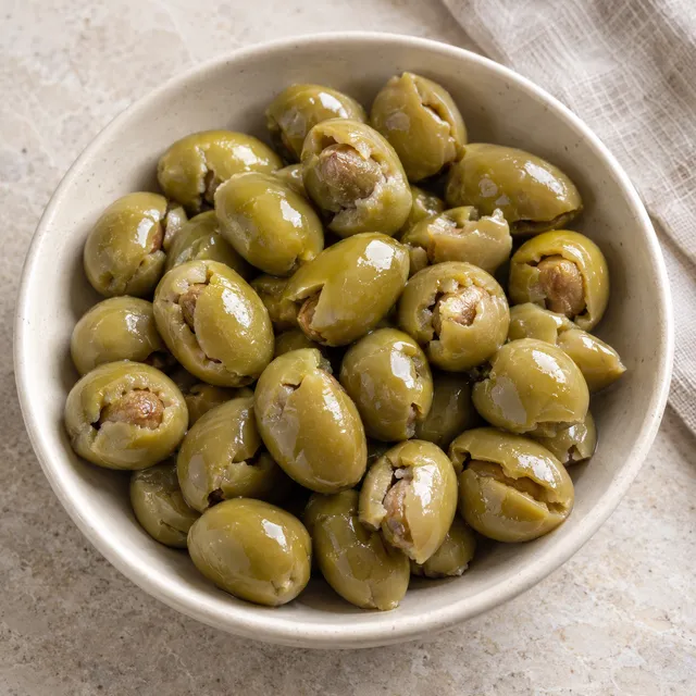 Olive verdi schiacciate e sgocciolate in una ciotola di ceramica chiara