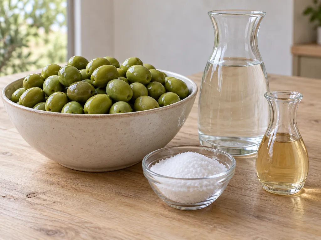 Olive verdi fresche, acqua, sale e aceto di vino bianco in recipienti separati