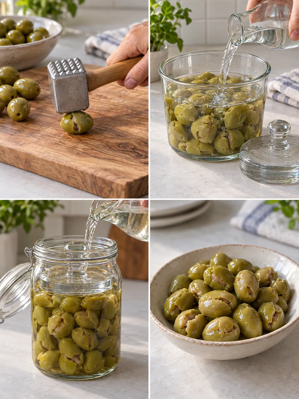 Preparazione delle olive verdi schiacciate, dall’ammollo alla salamoia e al servizio