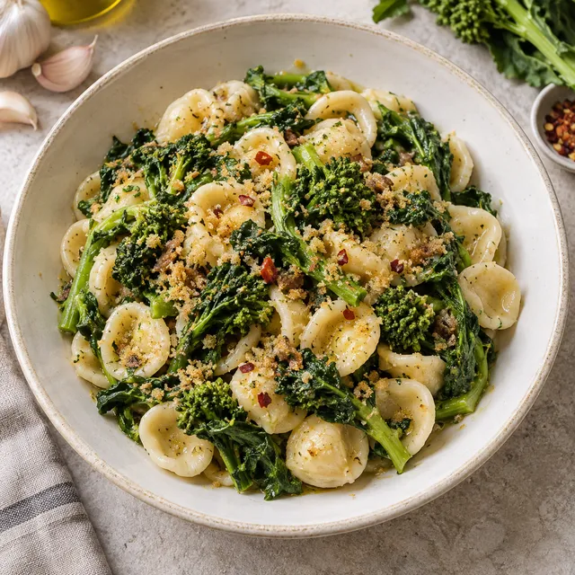 Orecchiette con cime di rapa, peperoncino e mollica dorata in un piatto avorio