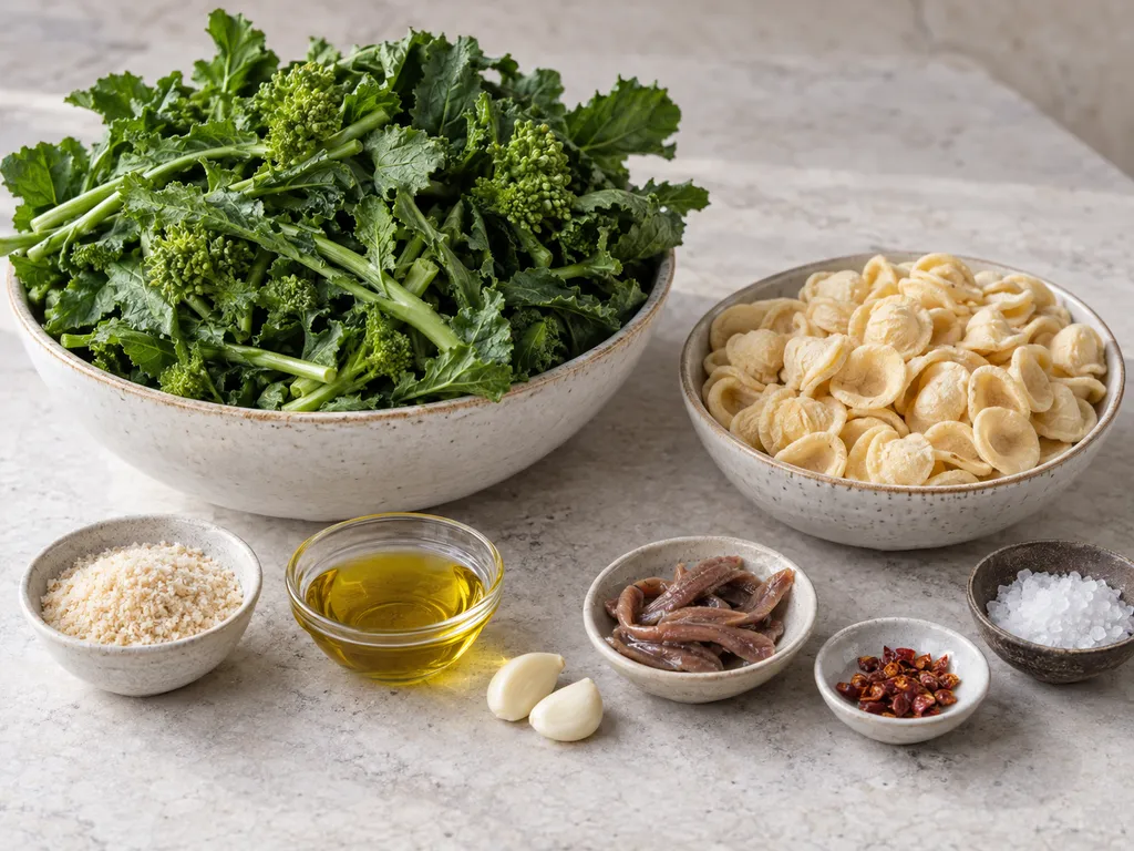 Cime di rapa, orecchiette, acciughe, aglio, olio, mollica, peperoncino e sale