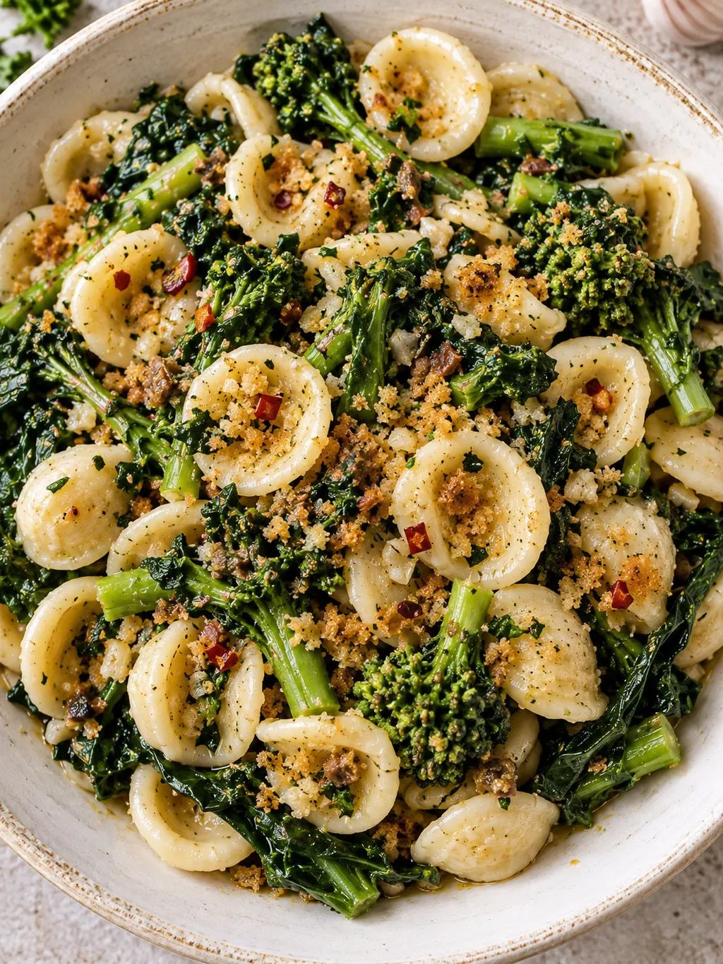 Orecchiette con cime di rapa e mollica croccante viste dall'alto