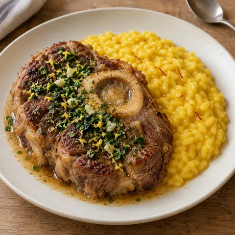 Ossobuco di vitello con gremolata al limone accanto al risotto giallo