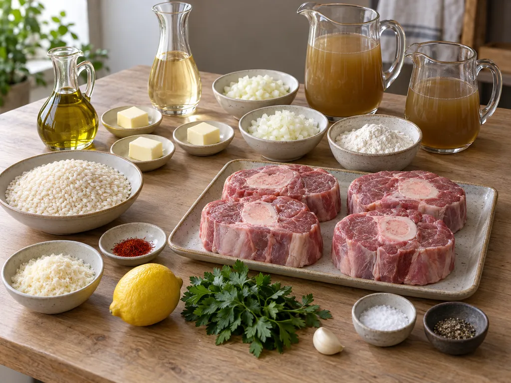 Quattro ossibuchi, riso, zafferano, burro e aromi per la gremolata