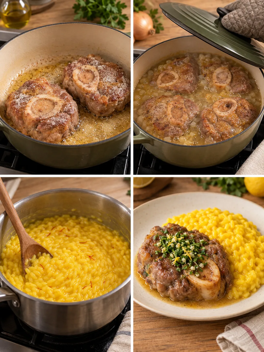 Rosolatura e brasatura degli ossibuchi, cottura del risotto e piatto finito
