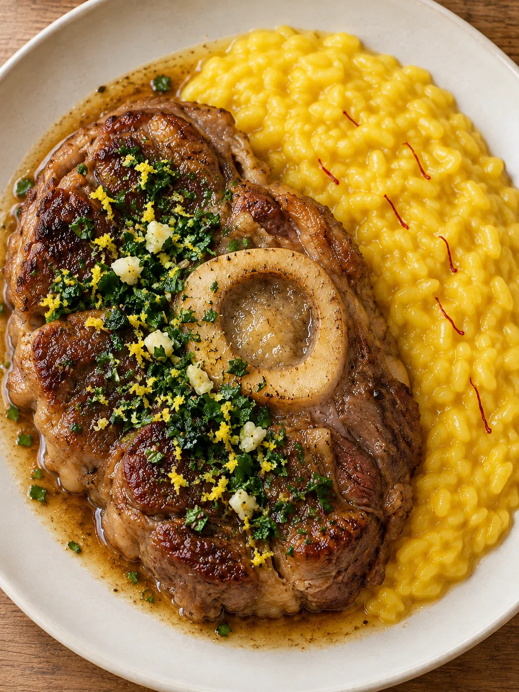 Ossobuco con midollo e gremolata servito accanto al risotto allo zafferano