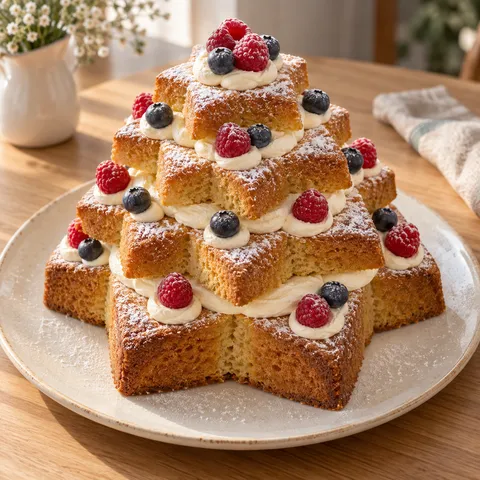 Pandoro a stelle sfalsate con crema al mascarpone, lamponi e mirtilli