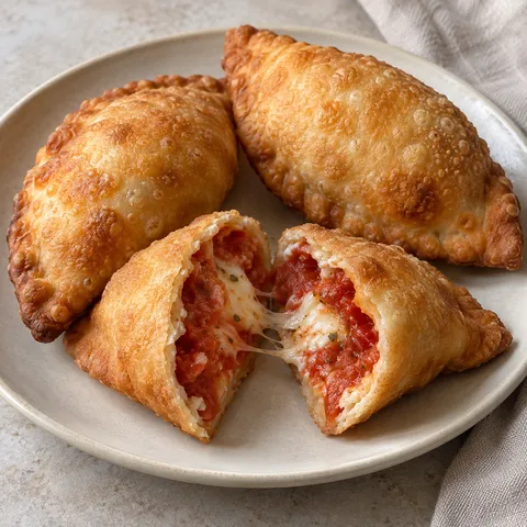 Panzerotti pugliesi dorati con una metà aperta sul ripieno di pomodoro e mozzarella
