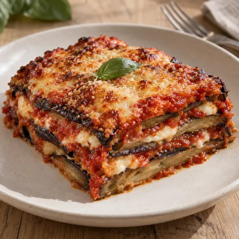 Parmigiana di melanzane con tre strati, pomodoro gratinato e basilico