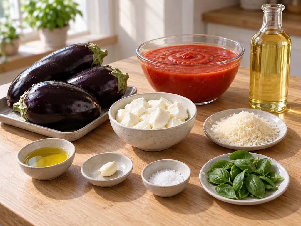 Melanzane, passata, fiordilatte, Parmigiano, basilico, aglio, sale e oli
