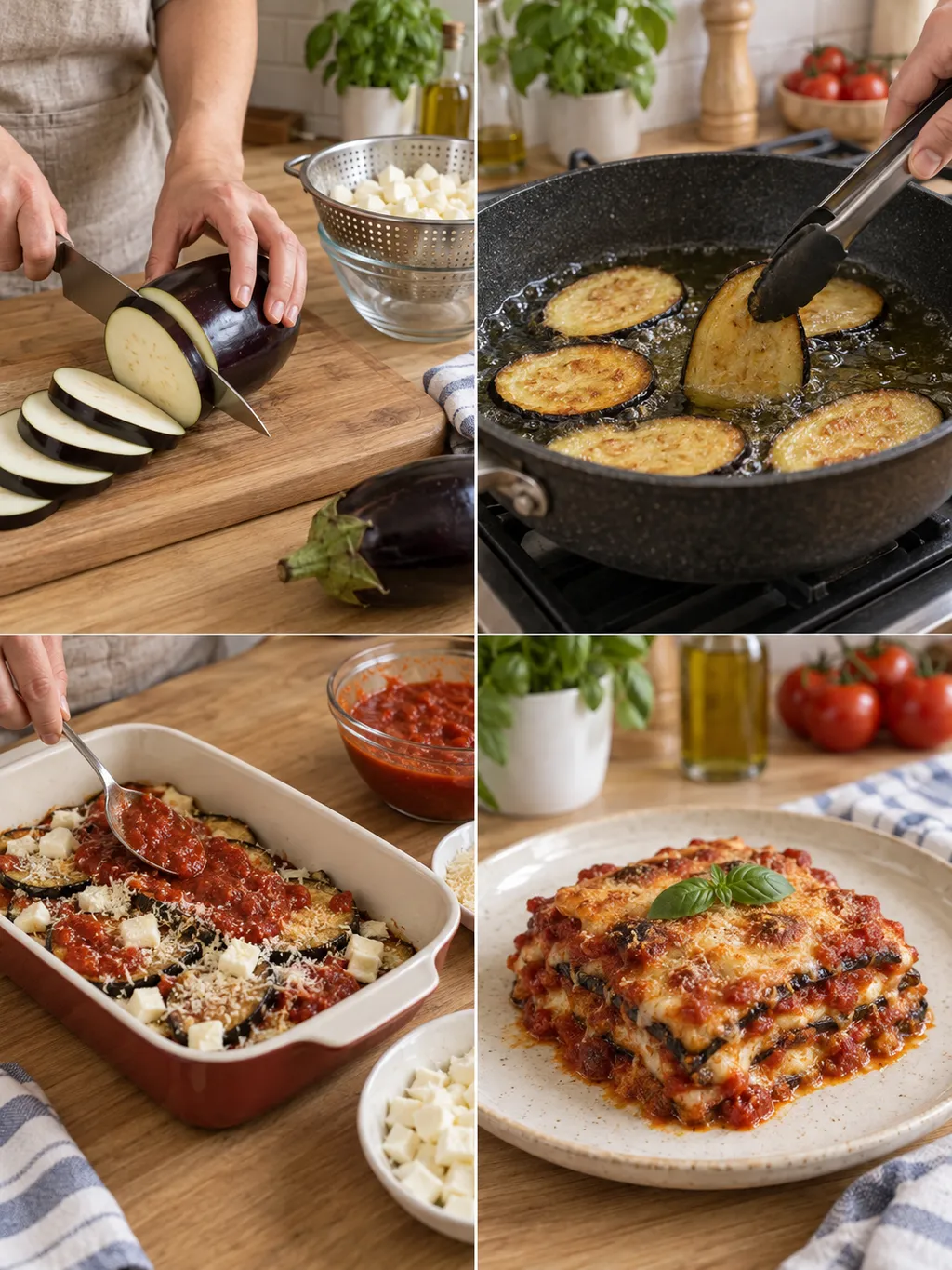 Taglio, frittura e assemblaggio delle melanzane con una porzione di parmigiana pronta