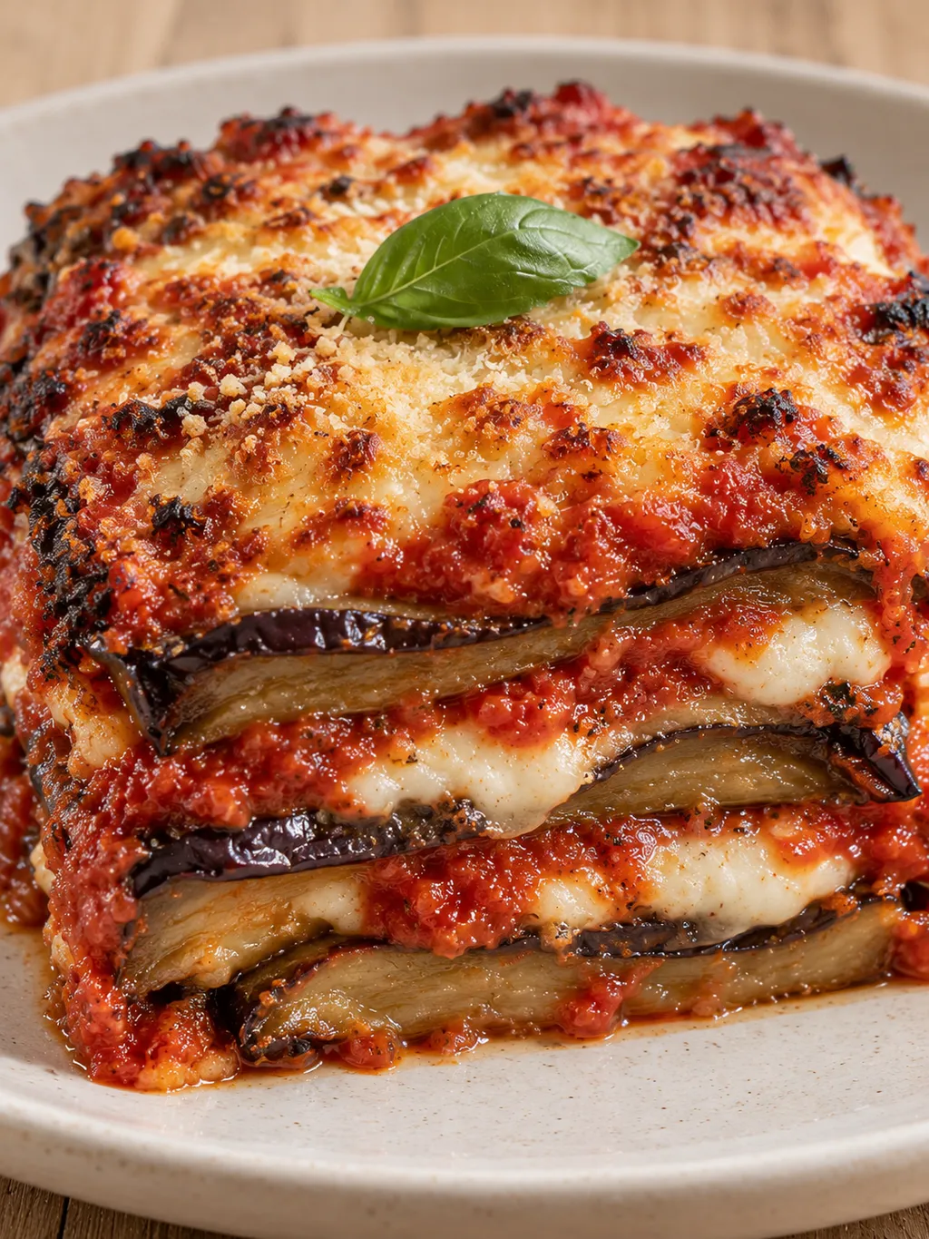 Porzione di parmigiana con melanzane morbide, fiordilatte e crosticina dorata