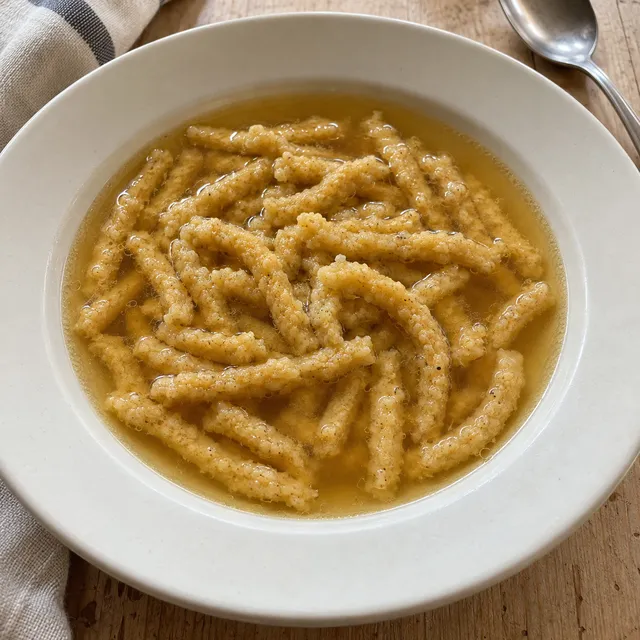 Passatelli romagnoli dalla superficie ruvida in un piatto fondo con brodo ambrato