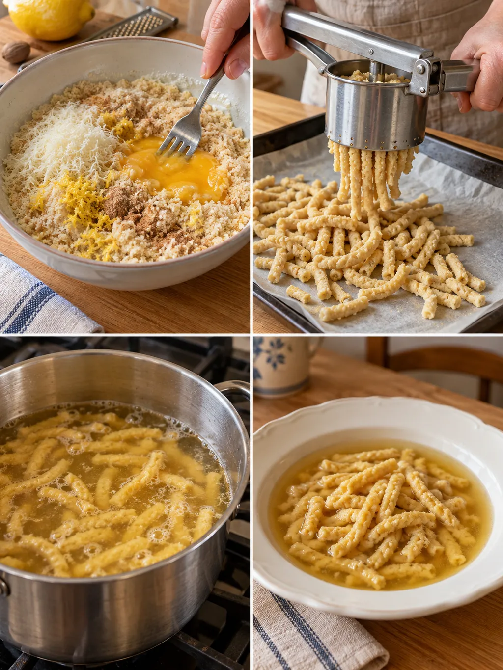 Impasto, formatura e cottura dei passatelli con il piatto finito in brodo