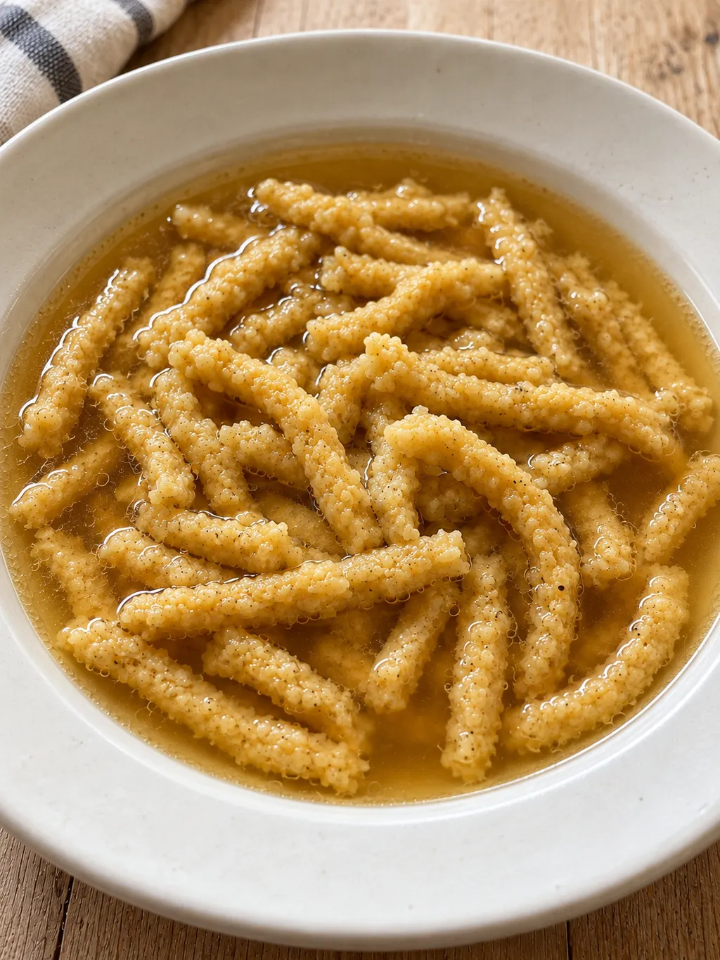 Passatelli beige dorati immersi nel brodo di carne in una fondina avorio