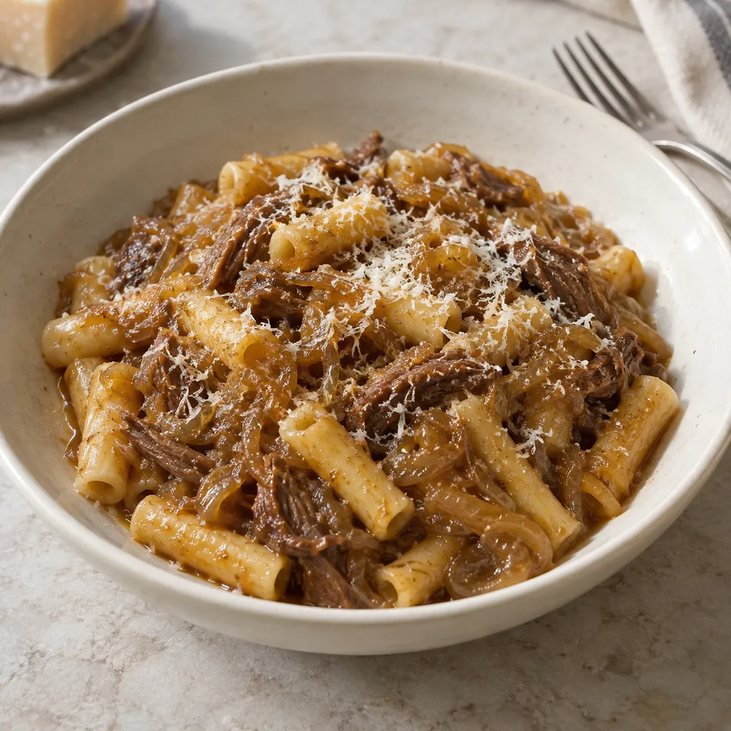 Ziti alla genovese napoletana con cipolle ambrate, manzo sfilacciato e Parmigiano