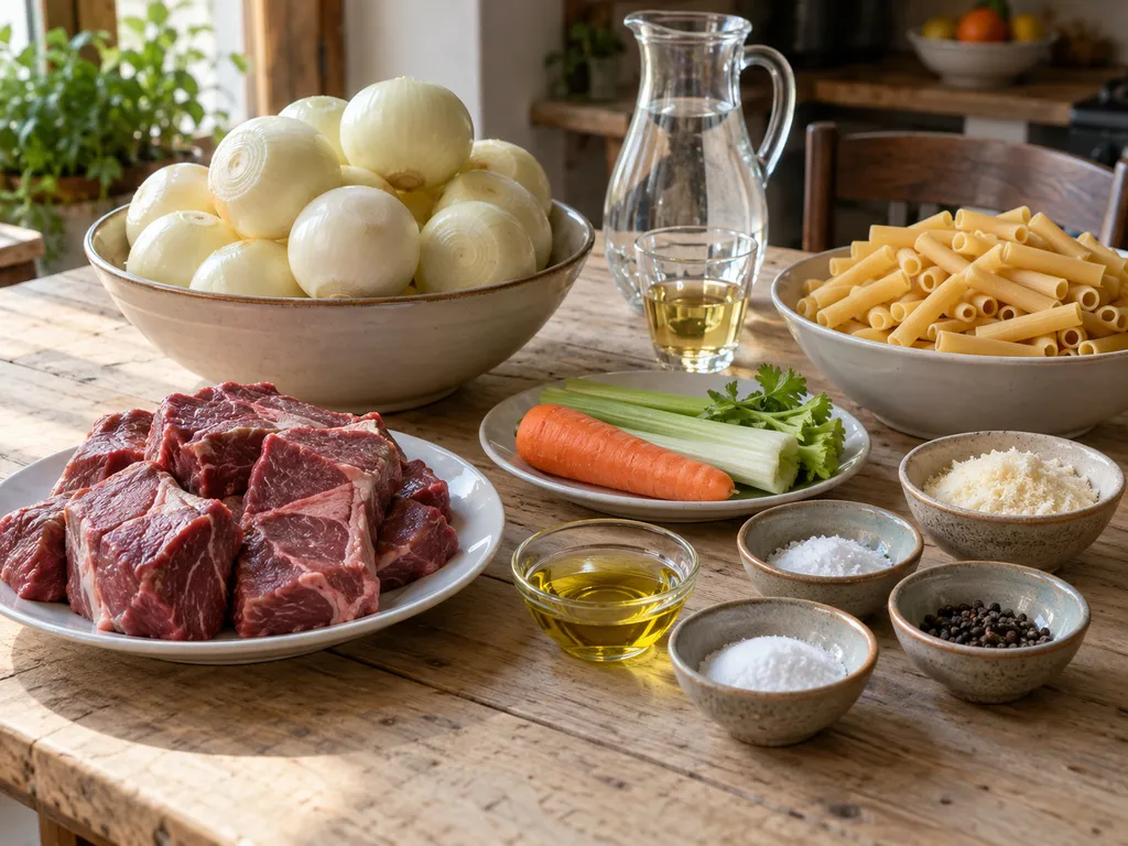 Cipolle ramate, manzo, ziti, verdure, vino bianco e Parmigiano per la genovese