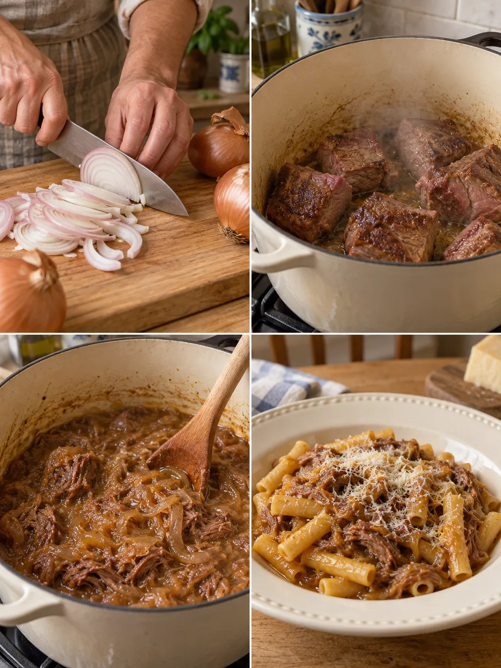Preparazione della genovese con cipolle, rosolatura del manzo, sugo e ziti conditi