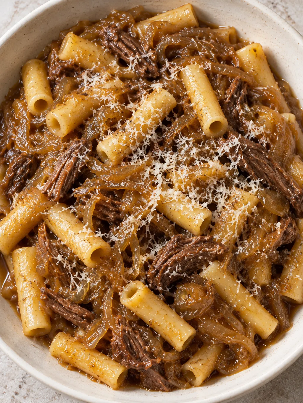 Ziti con sugo ambrato di cipolle, manzo tenero e Parmigiano visti dall'alto