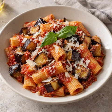 Pasta alla Norma con rigatoni, melanzane dorate, ricotta salata e basilico