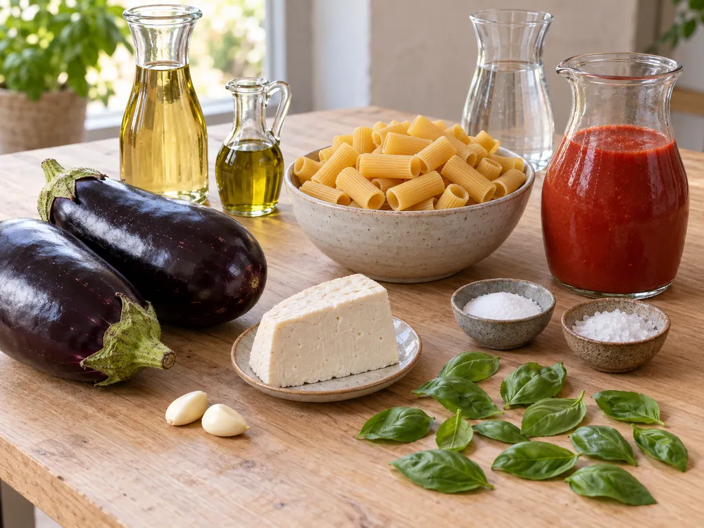 Melanzane, rigatoni, passata, ricotta salata, basilico, aglio, olio e sale