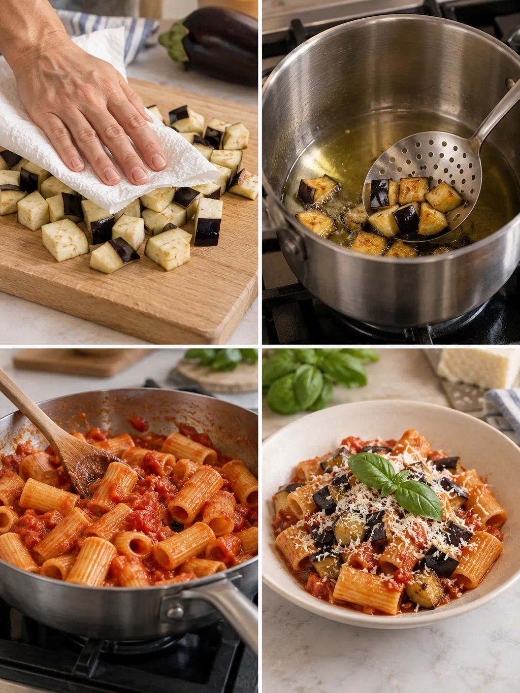 Preparazione della Pasta alla Norma, dalle melanzane asciugate al piatto pronto