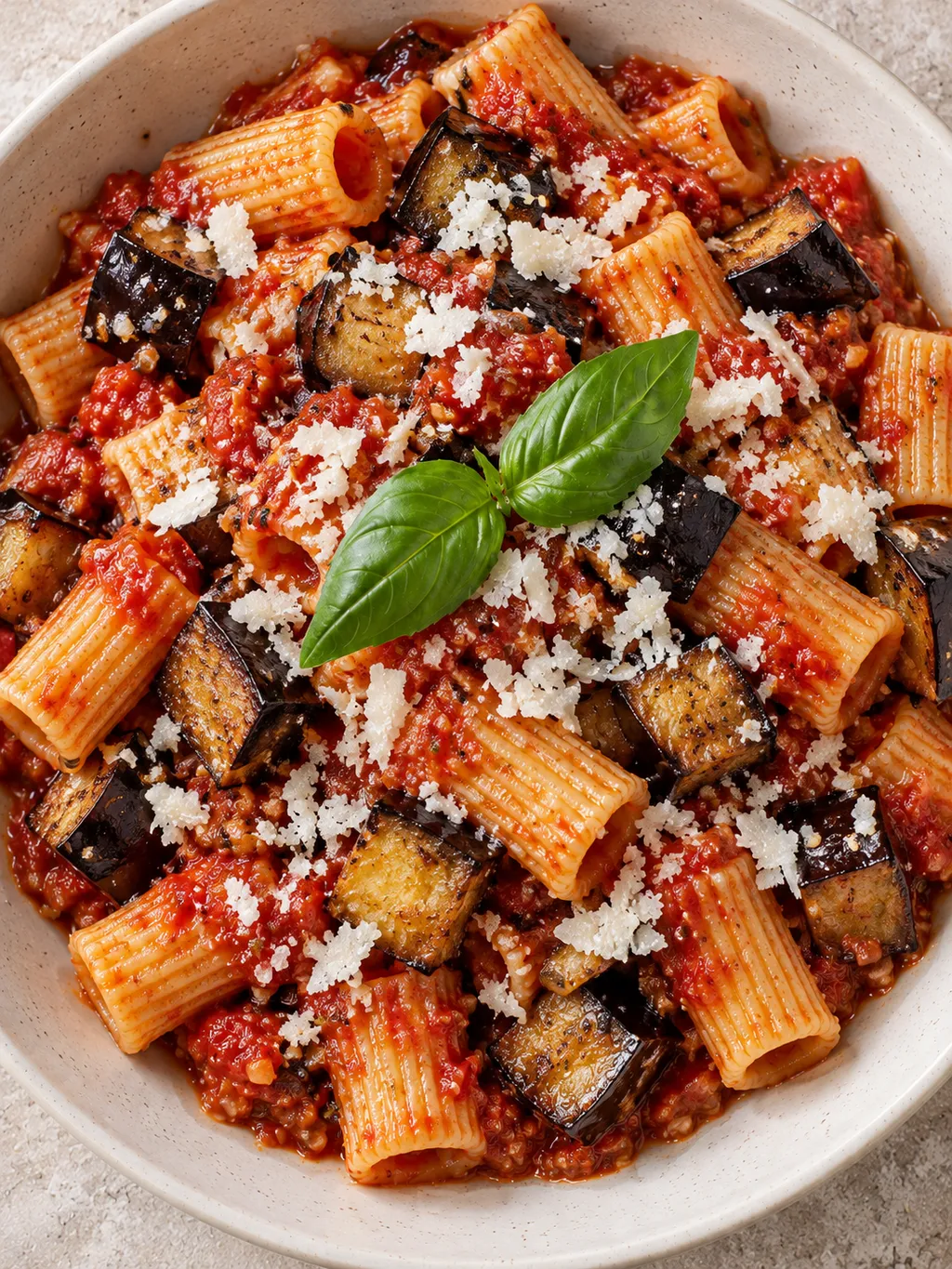 Rigatoni alla Norma al pomodoro con melanzane fritte, ricotta salata e basilico