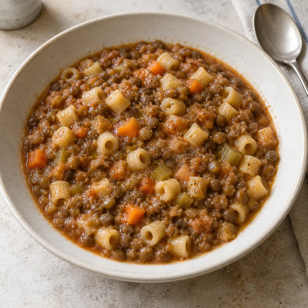 Ditalini e lenticchie in un fondo cremoso con carota e pepe nero