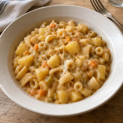 Pasta e patate con provola affumicata in un piatto fondo, densa e filante