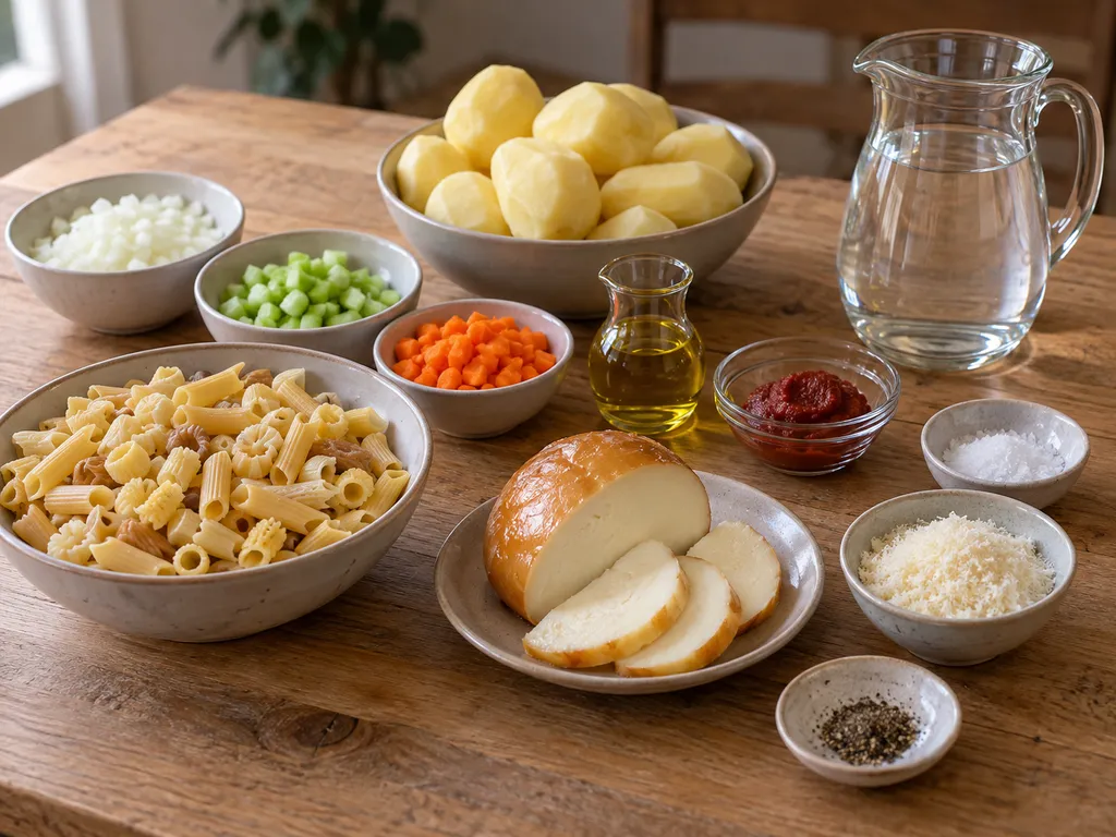 Pasta mista, patate, provola affumicata e verdure per il soffritto, con i condimenti